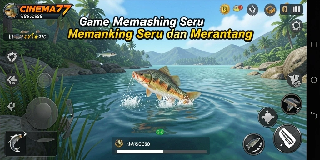 Screenshot gameplay CINEMA77 menunjukkan aksi memancing yang mendebarkan.