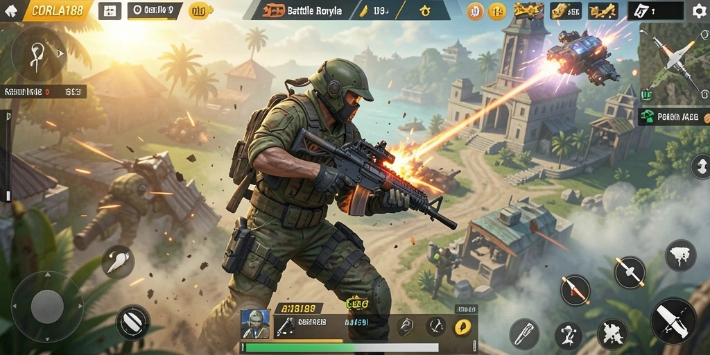 Screenshot gameplay CORLA188 yang mendebarkan di arena Battle Royale.