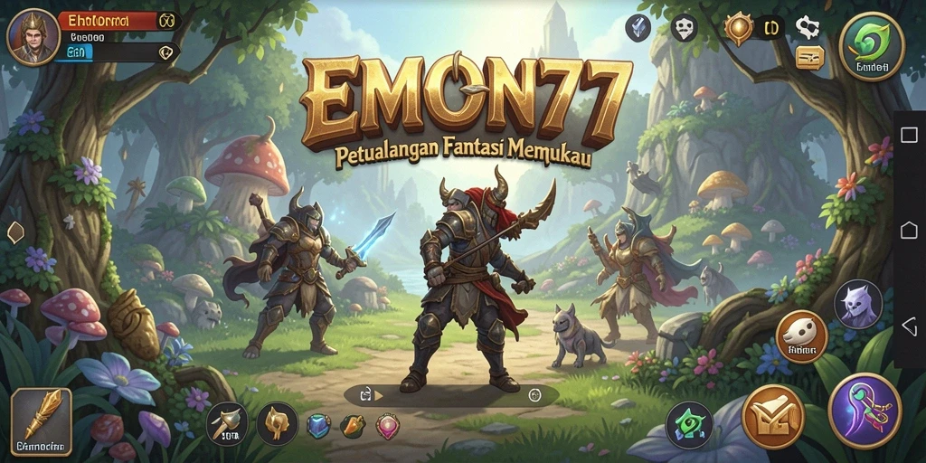 Tangkapan layar utama EMON77 menampilkan aksi pertarungan RPG yang mendebarkan.