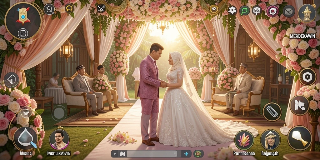 Tangkapan layar gameplay <strong>MERDEKAWIN</strong> menunjukkan momen pernikahan yang penuh warna.