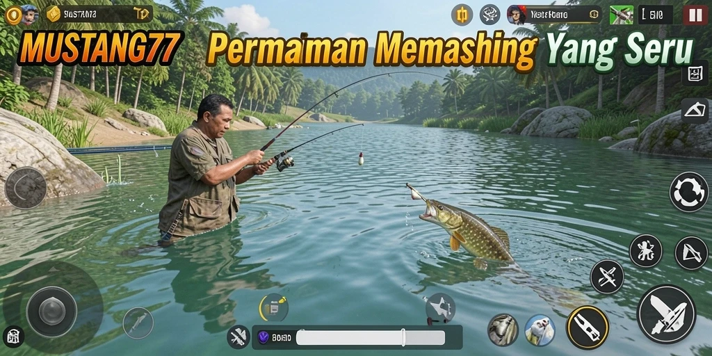 Tampilan gameplay menarik dari MUSTANG77 saat memancing di danau.
