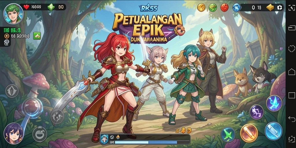 Screenshot gameplay RK55 yang menunjukkan pertarungan seru antara karakter anime.