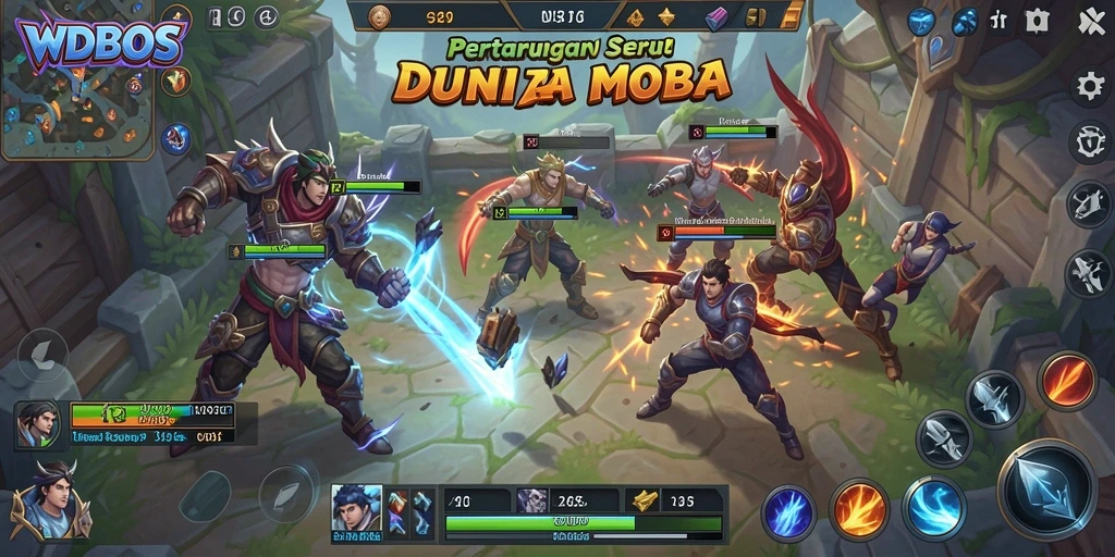 Screenshot WDBOS menampilkan aksi seru dalam pertempuran MOBA.